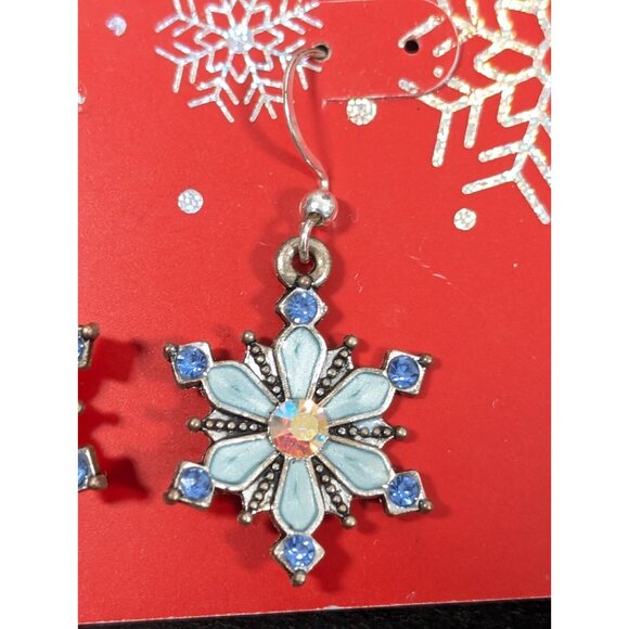 Christmas Winter Snowflake Earrings Blue Aurora Borealis Crystal Dangle Drop - Picture 2 of 8